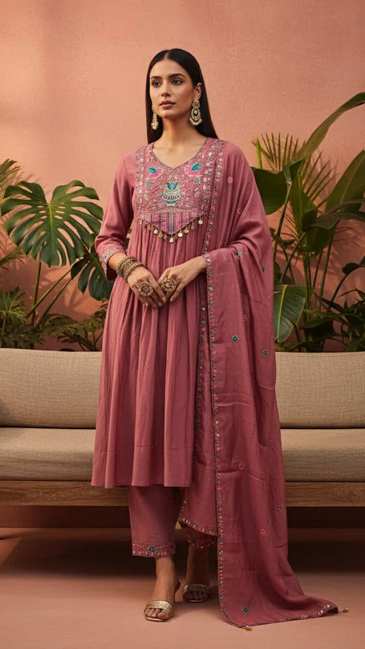 Rose Blush Embroidered Anarkali Suit Set