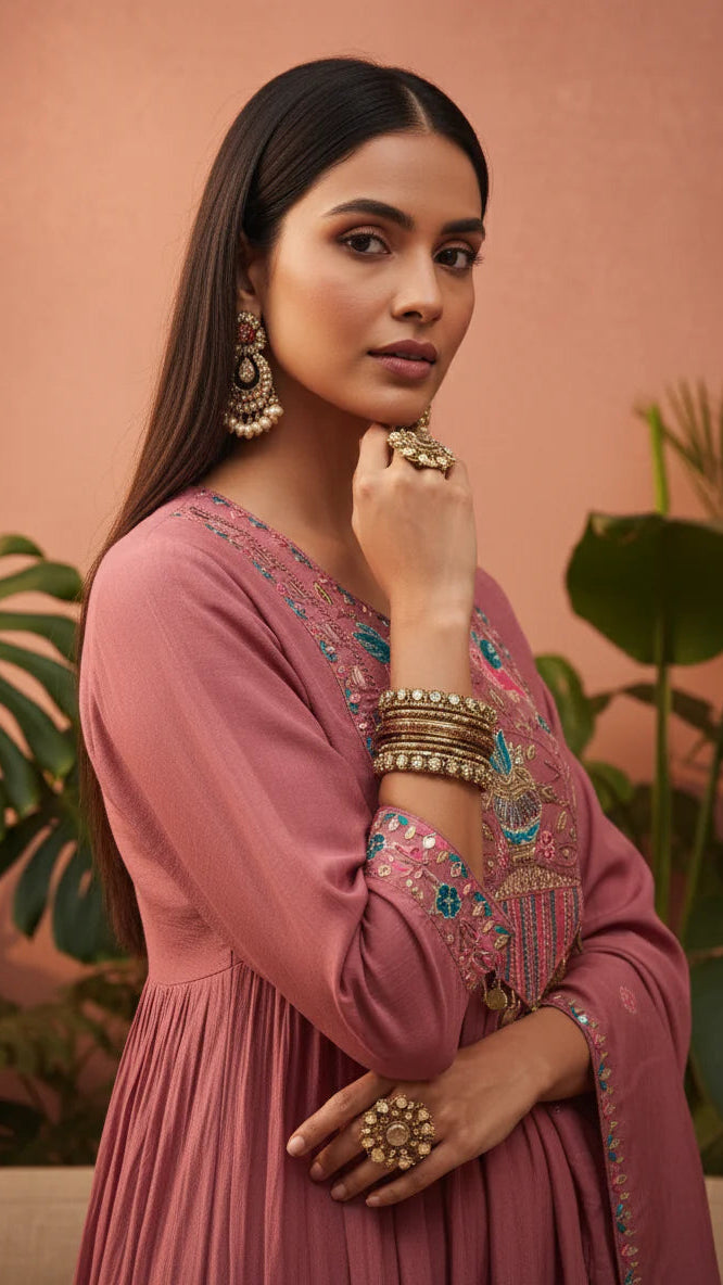 Rose Blush Embroidered Anarkali Suit Set