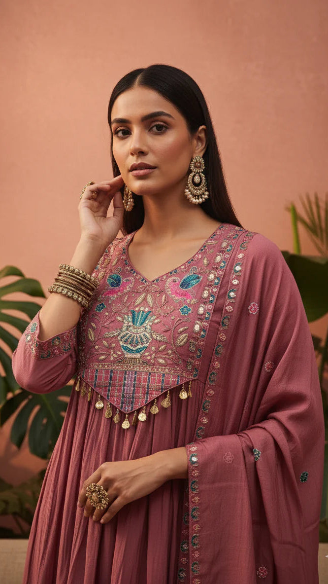 Rose Blush Embroidered Anarkali Suit Set